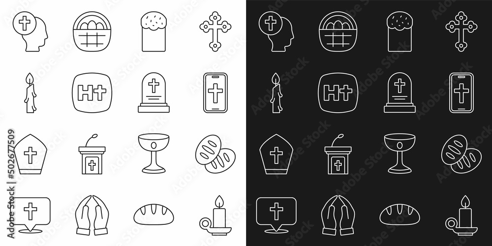 Set line Burning candle in candlestick, Christian bread, cross on phone, Easter cake, Priest and Grave with tombstone icon. Vector