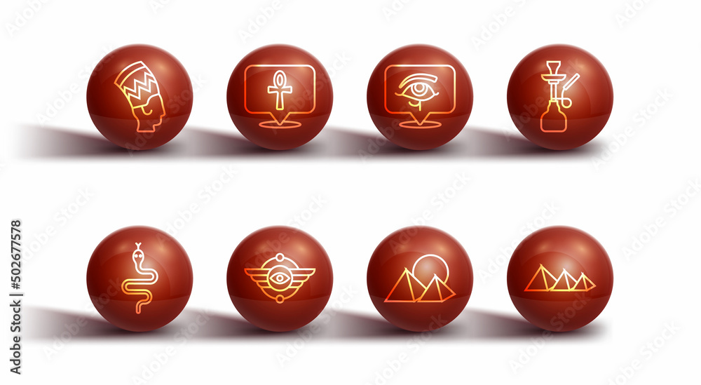 Set line Nefertiti, Snake, Hookah, Egypt pyramids, Egyptian symbol Winged sun, Cross ankh, and Eye of Horus icon. Vector Set line Nefertiti, Snake, Hookah, Egypt pyramids, Egyptian symbol Winged sun, Cross ankh, and Eye of Horus icon. Vector