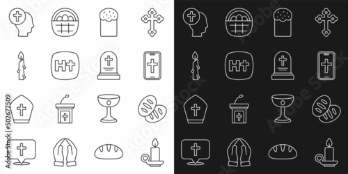 Set line Burning candle in candlestick, Christian bread, cross on phone, Easter cake, Priest and Grave with tombstone icon. Vector