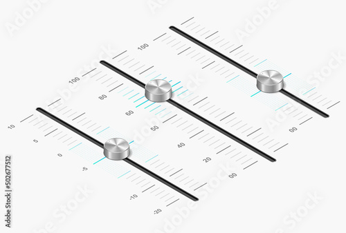 Realistic 3d sound adjustment. Collection of graphic elements for music listening software. Modern technologies and digital world. Isometric vector illustrations isolated on white background