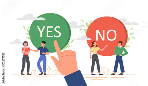Yes or no concept. Hand chooses between two buttons, metaphor for making decision. Evaluation of options, thinking activity, management of company or organization. Cartoon flat vector illustration
