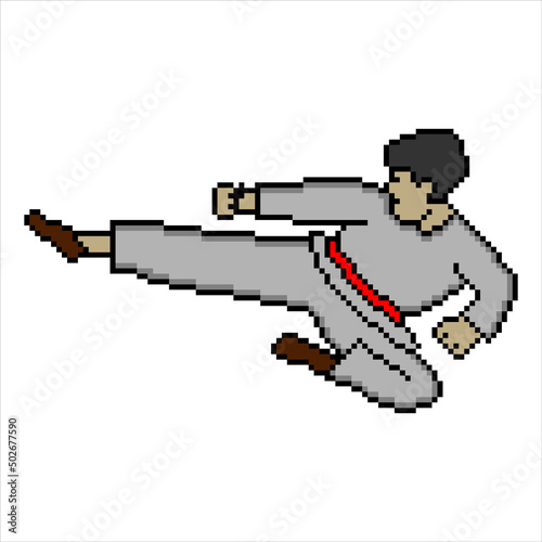 Martial arts fighter with high kicks in pixel art. Vector illustration.
