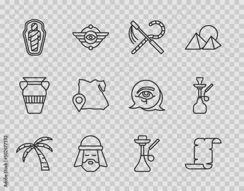 Fotografie, Obraz Set line Tropical palm tree, Papyrus scroll, Crook and flail, Egyptian man, mummy in sarcophagus, Map of, Hookah and icon
