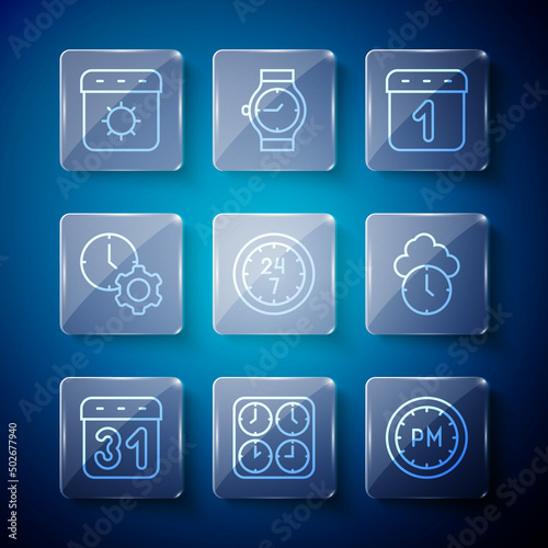 Set line Calendar, Time zone clocks, Day time, Clock 24 hours, management, summer and icon. Vector