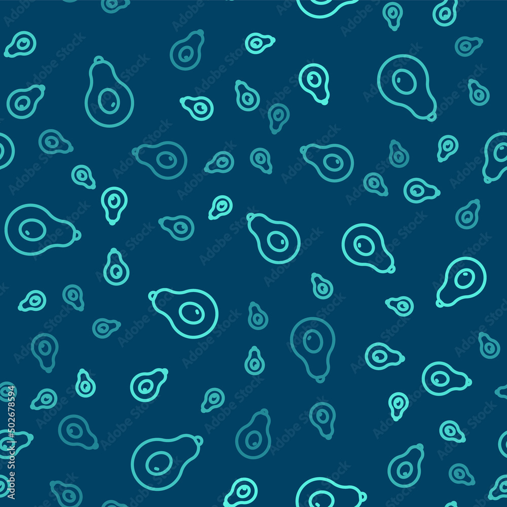 Green line Avocado fruit icon isolated seamless pattern on blue background. Vector