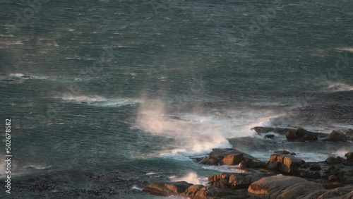 Strong Wind Blowing On The Seascape At Camps Bay In Cape Town, South Africa. Slow Motion