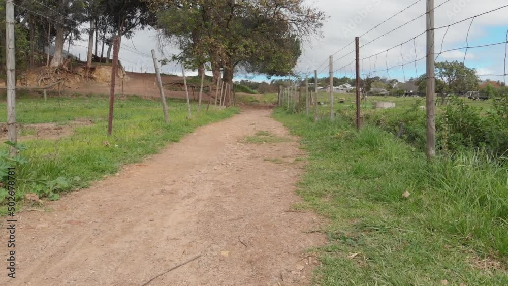The camera slowly moves up a sand path lined with grass and wire fencing. Trees are visible in the background. The low shot focuses on the path. The camera slowly moves up a sand path lined with grass and wire fencing. Trees are visible in the background. The low shot focuses on the path.