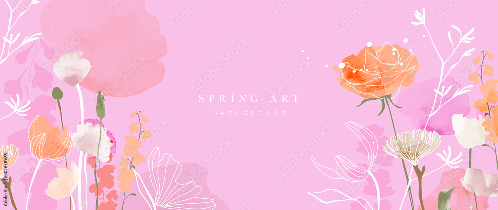 Abstract spring season floral Background. Warm tone blossom wallpaper design with wild flowers, blooms and leaves. Line art and watercolor texture perfect for banner, prints, wall art, decoration. - obrazy, fototapety, plakaty 