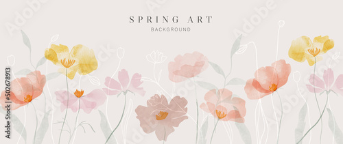Abstract spring season floral Background. Warm tone blossom wallpaper design with wild flowers, blooms and leaves. Line art and watercolor texture perfect for banner, prints, wall art, decoration.