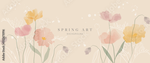 Abstract spring season floral Background. Warm tone blossom wallpaper design with wild flowers  blooms and leaves. Line art and watercolor texture perfect for banner  prints  wall art  decoration.