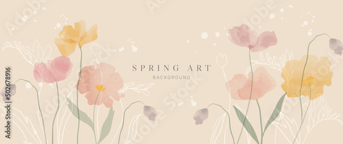 Abstract spring season floral Background. Warm tone blossom wallpaper design with wild flowers, blooms and leaves. Line art and watercolor texture perfect for banner, prints, wall art, decoration.