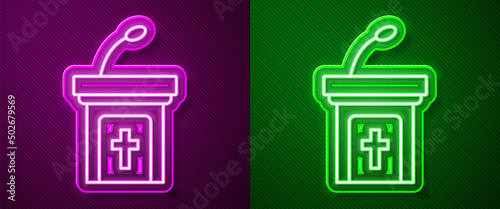 Glowing neon line Church sermon tribune icon isolated on purple and green background. The podium of the preacher in the church. Vector