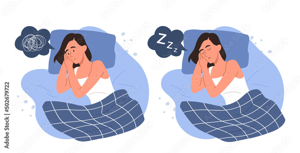 Sleeping and insomnia. Young girl lying on bed with open eyes and internal  problems against character who sleeping. Metaphor for mental health and  recuperation. Cartoon flat vector illustration Stock Vector