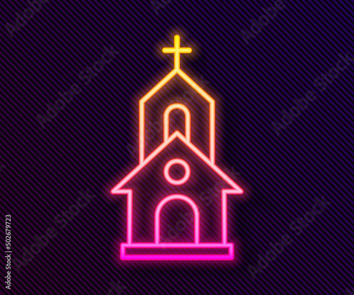 Glowing neon line Church building icon isolated on black background. Christian Church. Religion of church. Vector