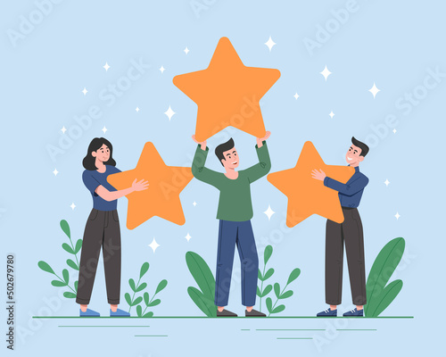 People hold stars. Metaphor for evaluating product or service, feedback for leaders of company or organization. Opinion of regular consumers and modern marketing. Cartoon flat vector illustration