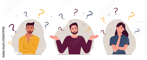 People asking questions. Collection of young guys and girls who cant solve problem. Problems and uncertainty, indecision, mental impasse. Cartoon flat vector illustrations isolated on white background photo