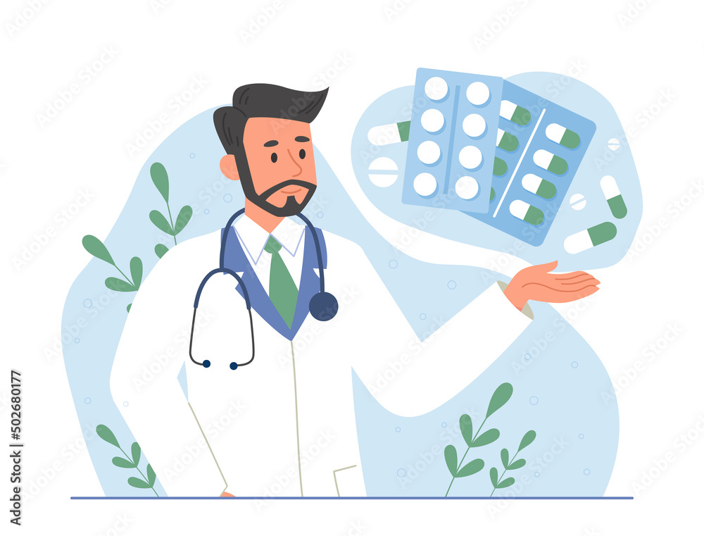 Doctor and medicine. Man in medical gown prescribes necessary pills to patient. Health care, regular check ups and diagnosis. Pharmaceuticals and medical treatment. Cartoon flat vector illustration Doctor and medicine. Man in medical gown prescribes necessary pills to patient. Health care, regular check ups and diagnosis. Pharmaceuticals and medical treatment. Cartoon flat vector illustration