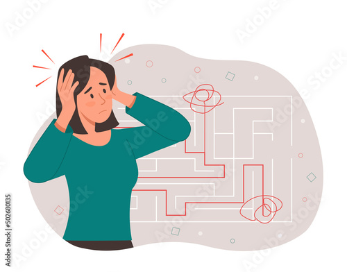 Finding way in labyrinth. Metaphor of puzzle, difficulty at work and mental deadend. Character looking for solution, insight and idea. Creativity and logical thinking. Cartoon flat vector illustration