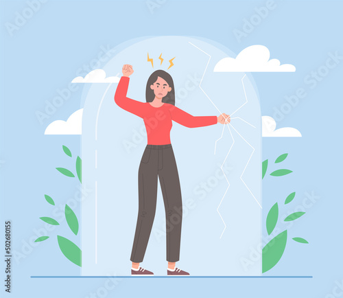 Extrovert individuality concept. Young girl shatters glass dome. Sociable character, openness and awareness. Positivity and optimism. Psychology and mental attitudes. Cartoon flat vector illustration