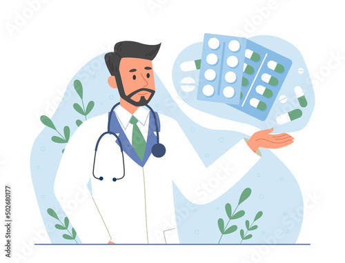 Doctor and medicine. Man in medical gown prescribes necessary pills to patient. Health care, regular check ups and diagnosis. Pharmaceuticals and medical treatment. Cartoon flat vector illustration