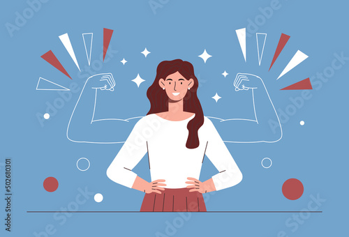 Woman power concept. Young girl in suit stands with imaginary big and strong arms. Feminist, activist or successful entrepreneur, self confidence and energy. Cartoon flat vector illustration