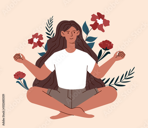 Woman meditating with flowers. Young girl sits in lotus position, concentration and calmness. Yoga and asana, active lifestyle, mindfulness and inner balance metaphor. Cartoon flat vector illustration