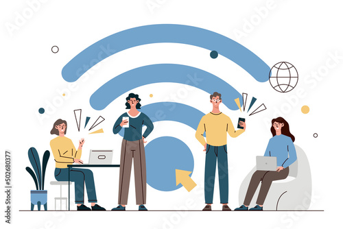 Wifi zone concept. Men and girls with devices connect to Internet. Modern technologies and digital world. Cover information, employees of company, colleagues. Cartoon flat vector illustration