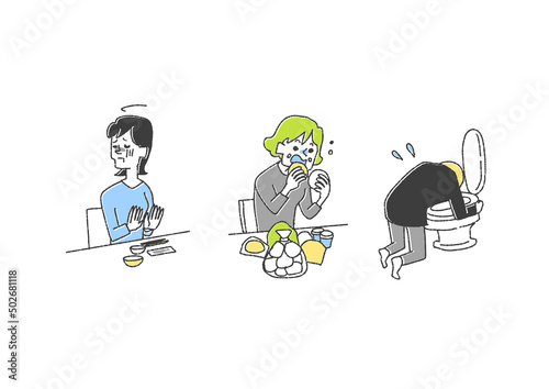 拒食症、過食嘔吐に関するイラストセット　コミカルな手書きの人物　ベクター、線画にカラー