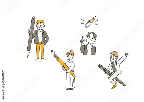 ライティングの仕事をしている男性　ペンで戦う　コミカルな手書きの人物　ベクター、線画にカラー