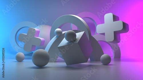 Abstract geometric figures. Three-dimensional dodecahedron pyramid tetrahedron cube cross and sphere rectangular objects  isolated on blue-pink background with empty space. 3D render High resolution
