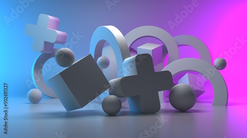 Abstract geometric figures. Three-dimensional dodecahedron pyramid tetrahedron cube cross and sphere rectangular objects  isolated on blue-pink background with empty space. 3D render High resolution