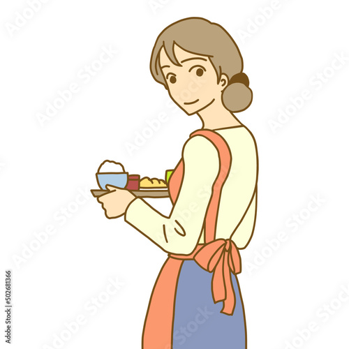 料理を運ぶ女性（カラフル）