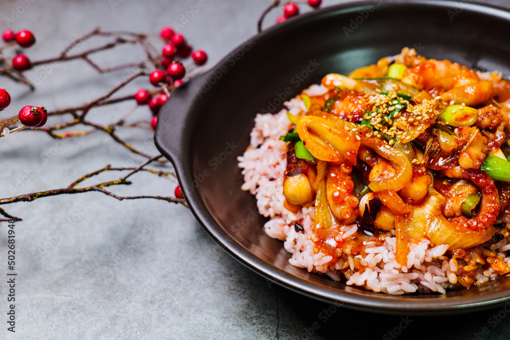 Nakjideopbap, Korean style spicy stir-fried octopus over rice : This dish is made by stir-frying sliced onion and carrots along with sauce over high heat in an oiled pan. Bite-sized pieces of octopus Nakjideopbap, Korean style spicy stir-fried octopus over rice : This dish is made by stir-frying sliced onion and carrots along with sauce over high heat in an oiled pan. Bite-sized pieces of octopus