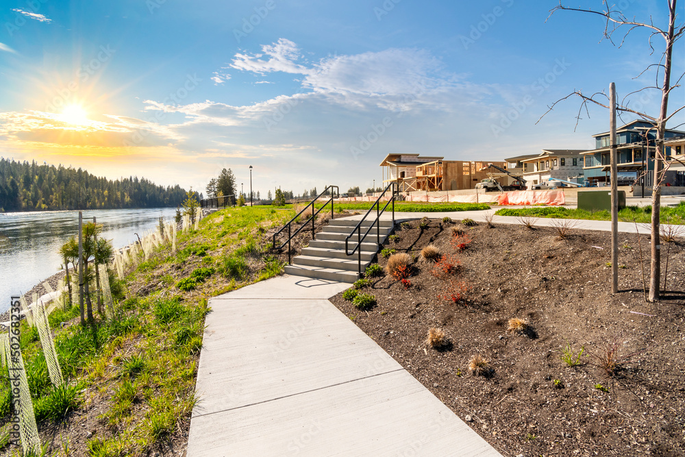 A waterfront community development under construction of new luxury homes and condos along the Spokane River in Coeur d'Alene, Idaho, USA.