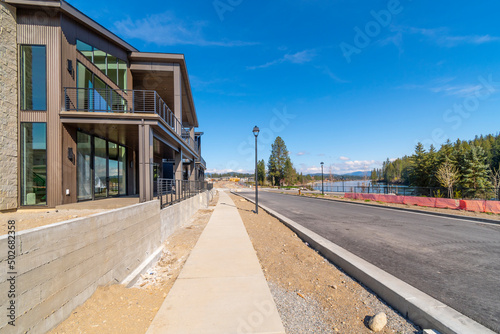 New luxury waterfront homes under construction along the Spokane River in Coeur d'Alene, Idaho. 