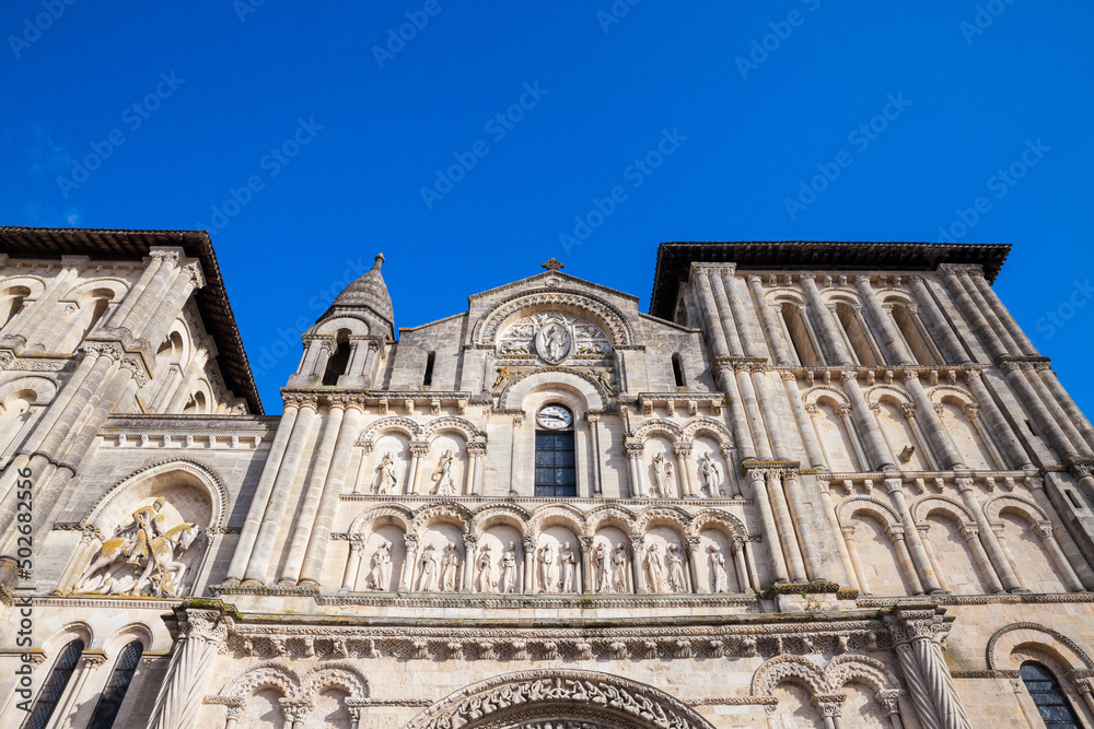 Main facade of the Eglise Abbatiale Sainte Croix in Bordeaux, France. Also called Church of the Holy Cross, it's a medieval Romanesque Roman catholic church of Aquitaine Region...