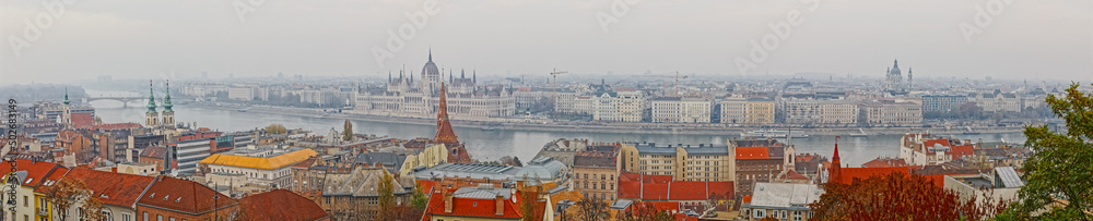 Budapest city Danube river and Hungarian Parliament Building aerial view