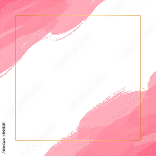 Elegant frame with gold borders and pink watercolor in the corners