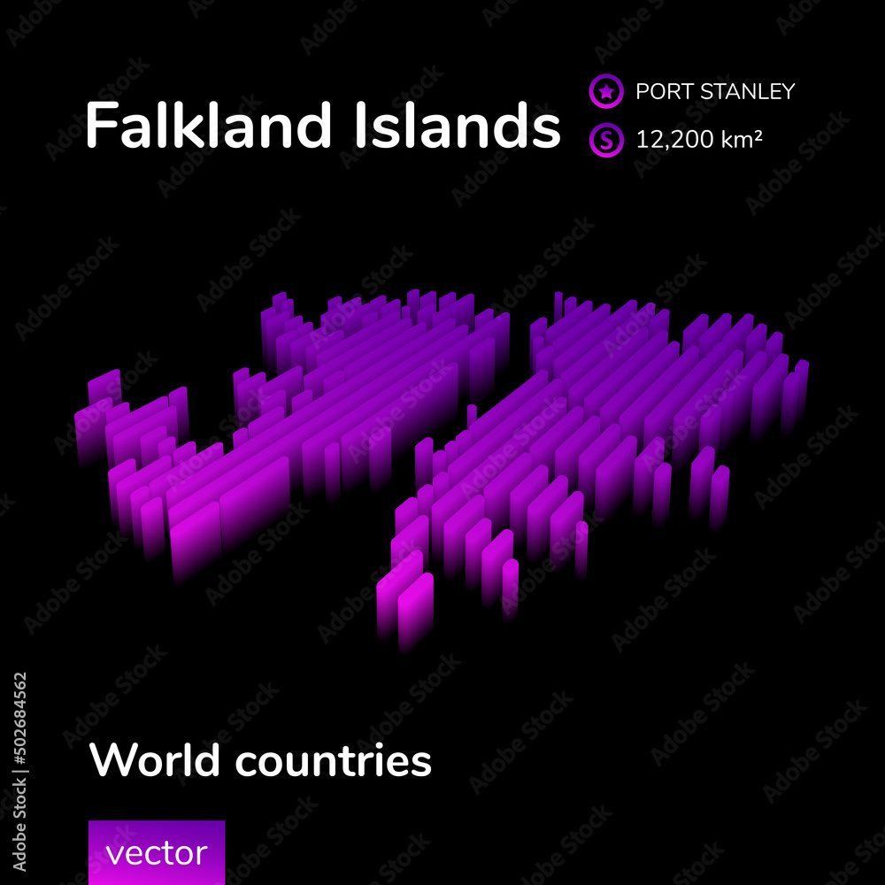 Falkland Islands 3D map. Stylized striped neon digital isometric vector Map of Falkland Islands is in violet colors on black background
