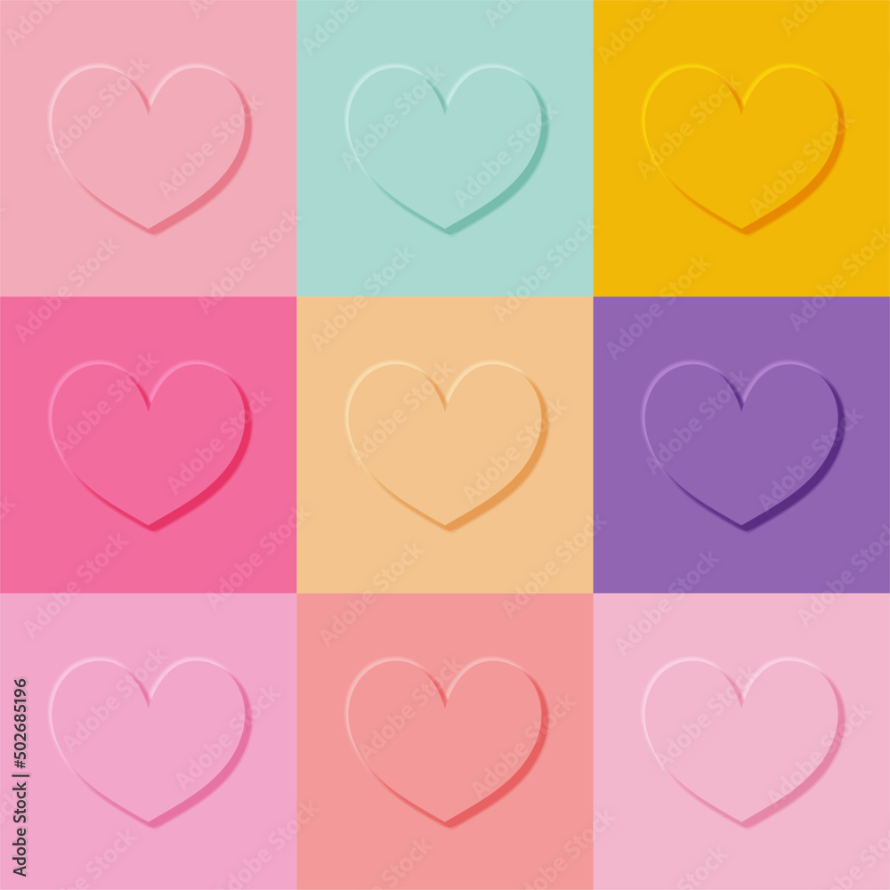 Colorful hearts in Neumorphic design. Cute heart pattern love background for Valentine's day. Vector illustration.