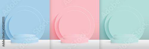 Canvastavla Set of blue, pink and green cylinder bases on stacked circle background