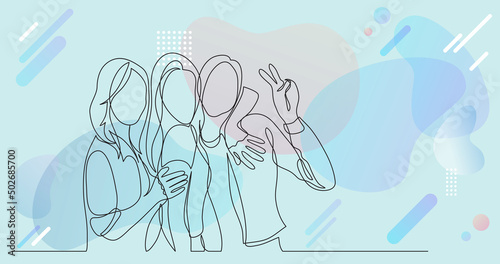happy and carefree group of friends posing together - one line drawing