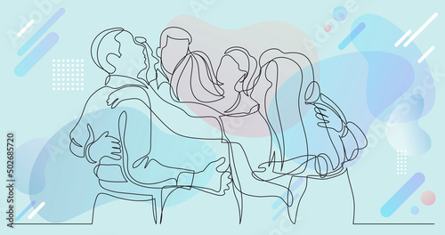 team members celebrating standing together as friends - one line drawing