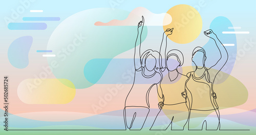 team of african-american female activists standing together as winners - one line drawing