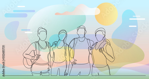 team of happy campers with backpacks standing together - one line drawing