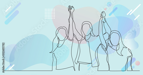 women team of winners holding hands - one line drawing