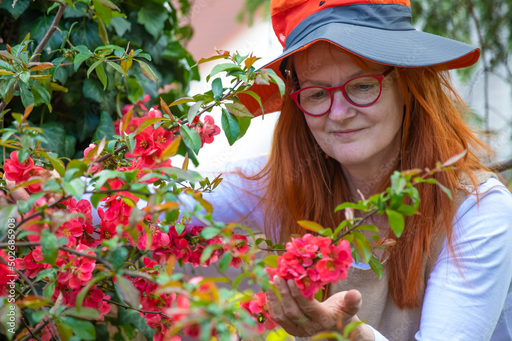 Eine Gärtnerin mit Hut steht zwischen Pflanzen und erfreut sich an den Blüten einer Quitte