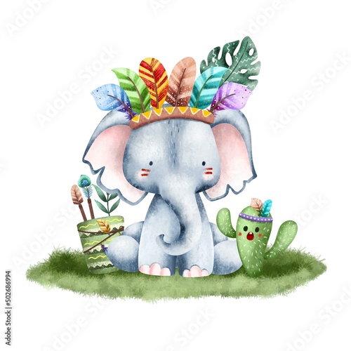 Canvas Print Watercolor Cute Elephant Safari Tribal Animals Illustration