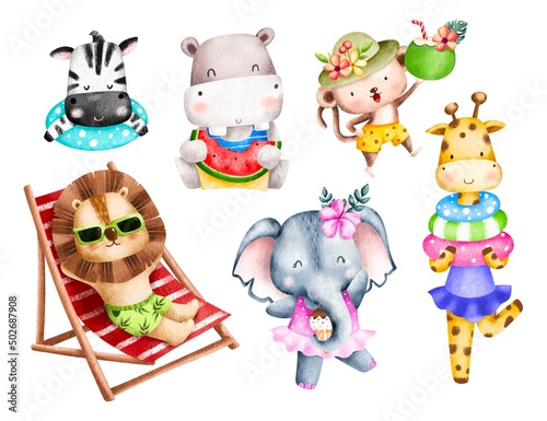 Photography Watercolor set of Safari animals in summer holiday