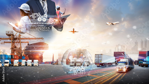 Smart technology logistics concept, Businessman touching virtual screen world map of Global logistics network distribution, Air cargo trucking, Rail transportation, Online goods orders worldwide
